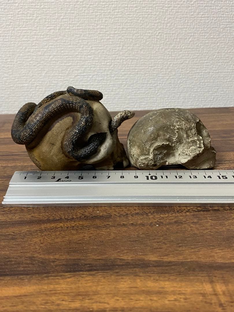 骨董レトロ髑髏野晒しスカル 2個セット 蛇付き 樹脂製