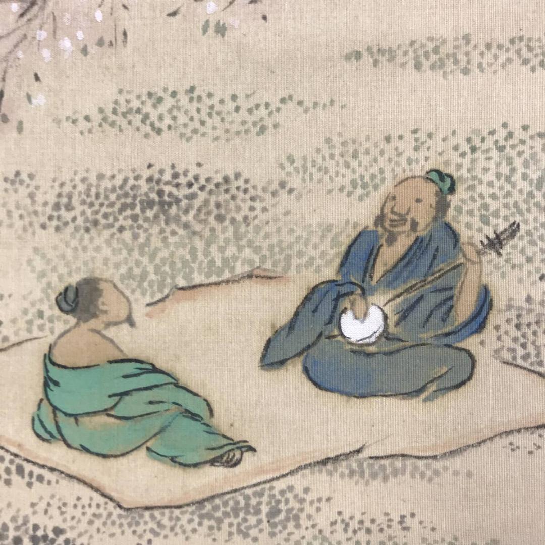 作者不詳/桃陰遊楽図/桃花人物/桜花山水/山水図/横物/掛軸名家伝来AH-561