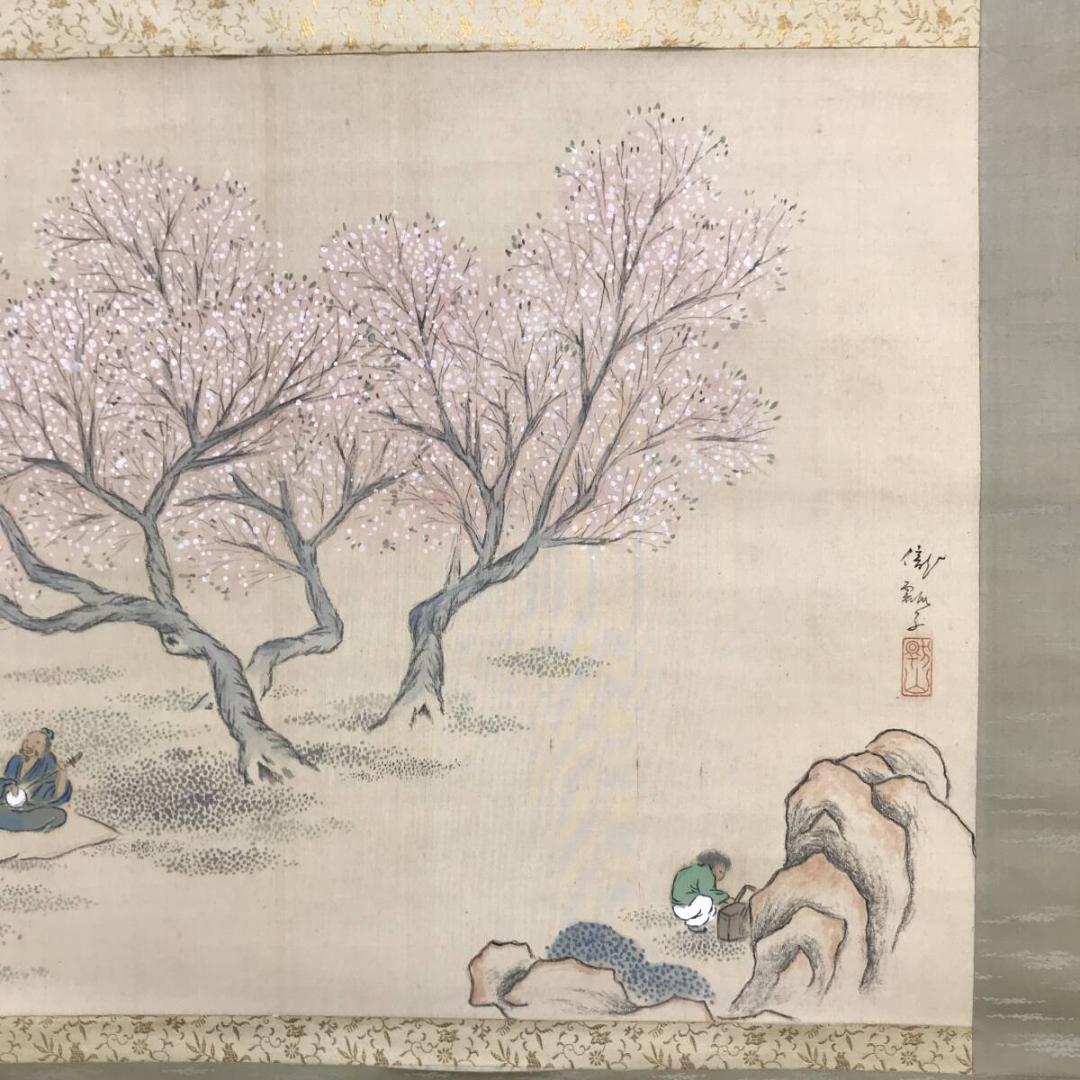 作者不詳/桃陰遊楽図/桃花人物/桜花山水/山水図/横物/掛軸名家伝来AH-561