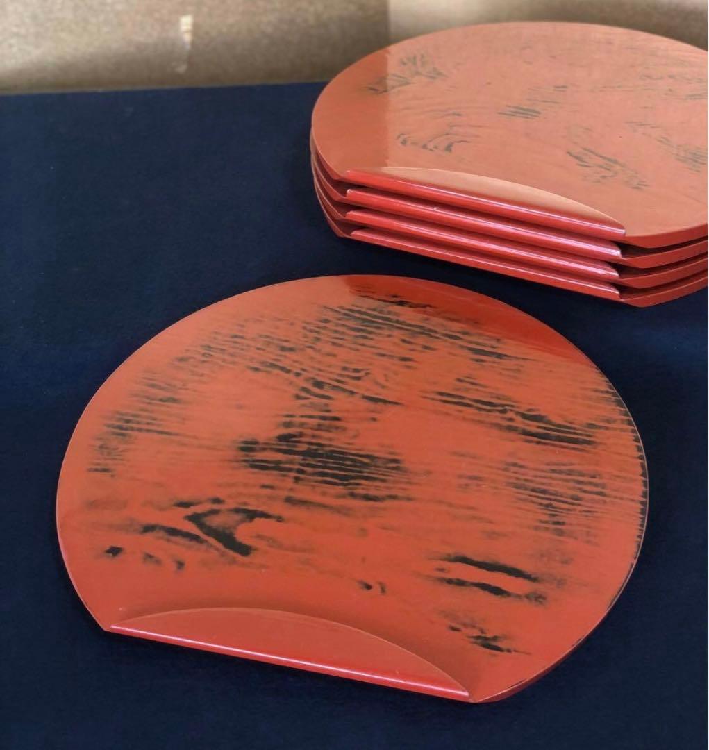 《R》根来塗 半月盆5客 膳 木製漆器 懐石 元箱　250820G1