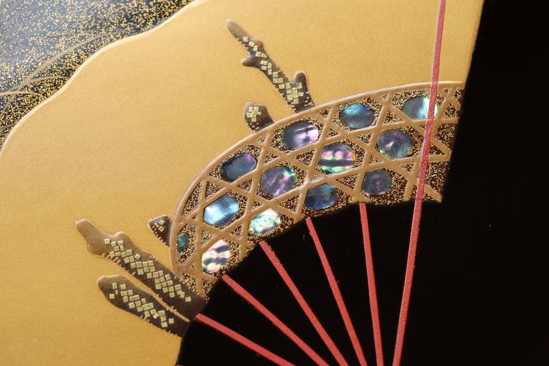 木製　螺鈿　古い黒塗吸物膳5客　足付　三重扇面蒔絵　金銀蒔絵　茶懐石　漆器　花鳥