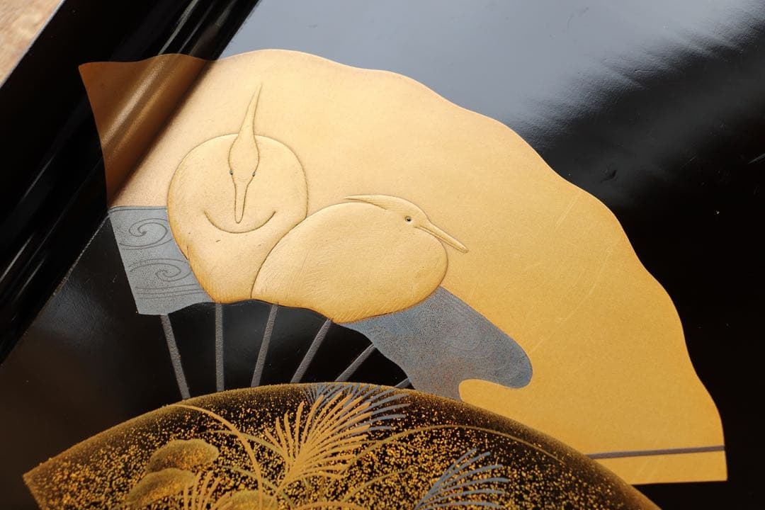 木製　螺鈿　古い黒塗吸物膳5客　足付　三重扇面蒔絵　金銀蒔絵　茶懐石　漆器　花鳥