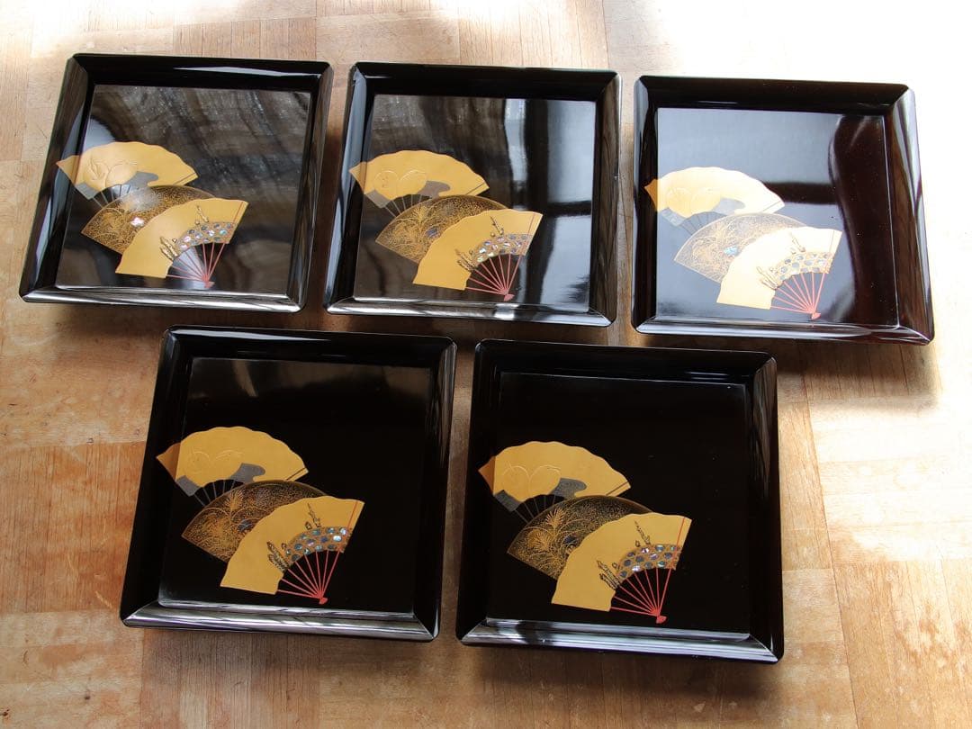 木製　螺鈿　古い黒塗吸物膳5客　足付　三重扇面蒔絵　金銀蒔絵　茶懐石　漆器　花鳥