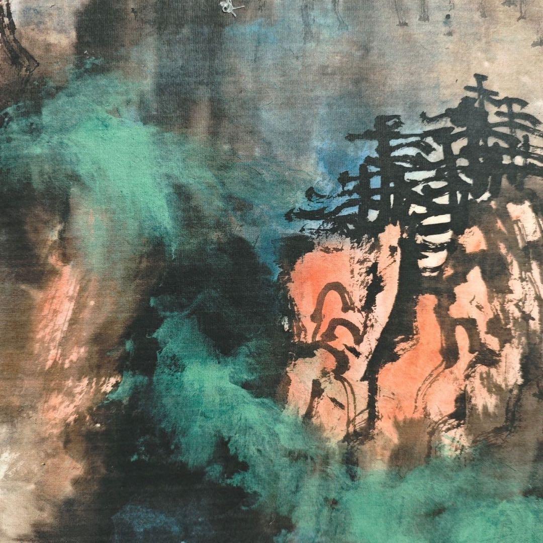 中国画 刘海粟・山水 天下奇観 四尺中堂掛軸　宣紙装裱175×70cm実物撮影