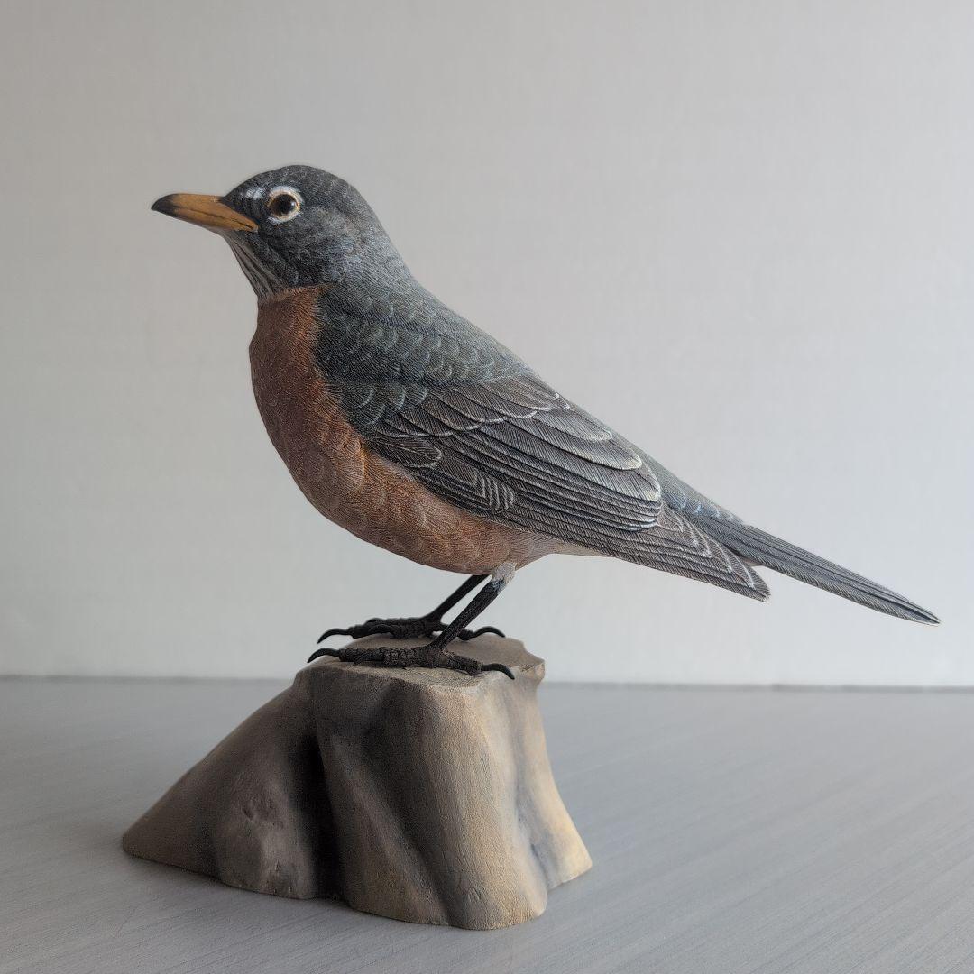 リアル木彫り　コマツグミ(アメリカン　ロビン) 野鳥彫刻 バードカービング