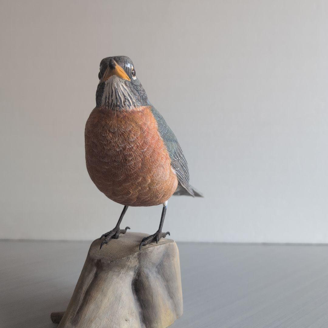 リアル木彫り　コマツグミ(アメリカン　ロビン) 野鳥彫刻 バードカービング