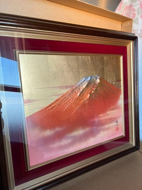 【美品】赤富士　美芸彫金パネル