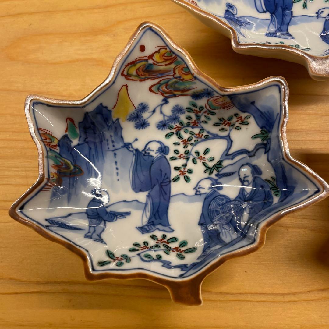 東山 古赤絵写 高士図楓形小皿 6客 共箱あり 宮永東山　魯山人　茶道具　向附