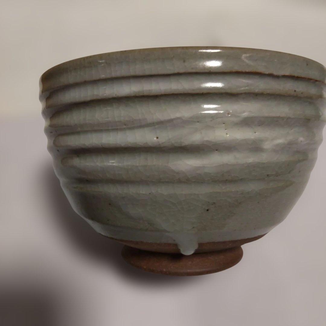 京焼 名工 平安 栄山 作 灰釉 刷毛目菊紋 茶碗 共箱 茶道具 抹茶碗 新品