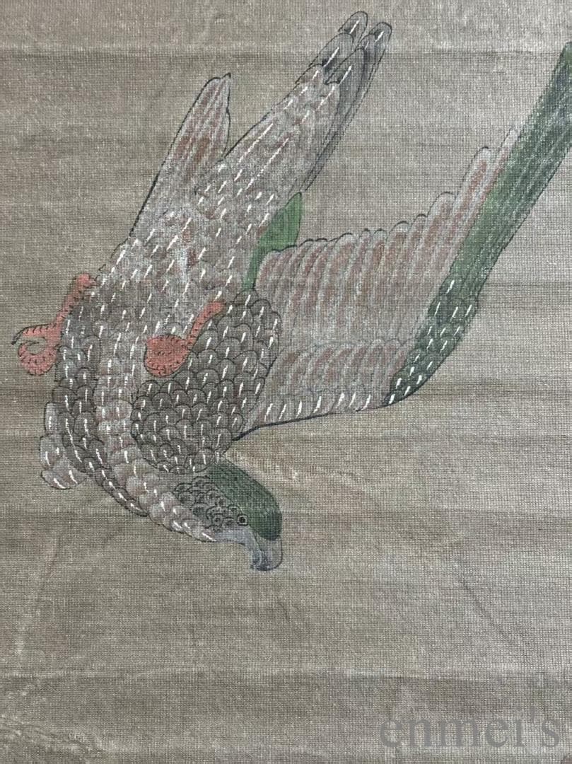 中国古美術.明時代.趙孟頫款.花鳥図.絹布画.三尺手描き.掛け軸.古賞物.古美味