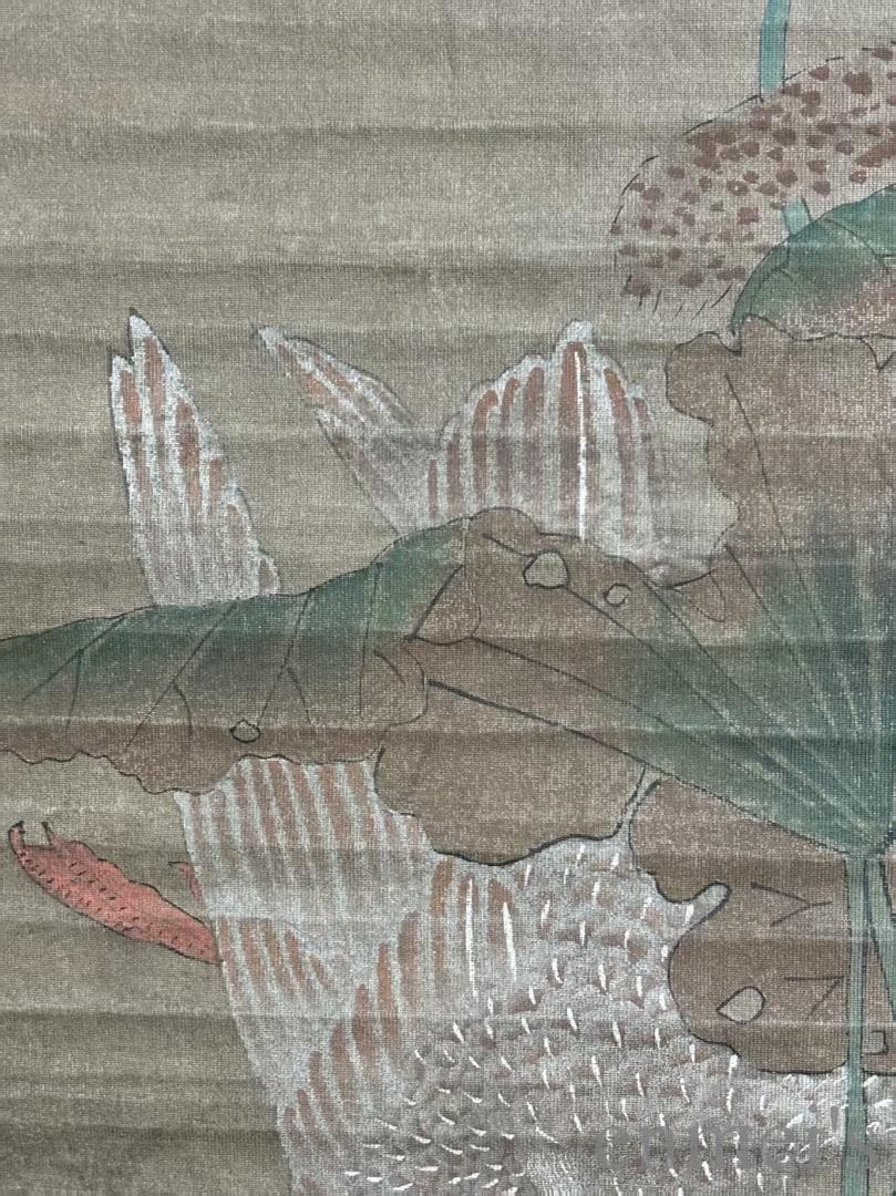 中国古美術.明時代.趙孟頫款.花鳥図.絹布画.三尺手描き.掛け軸.古賞物.古美味