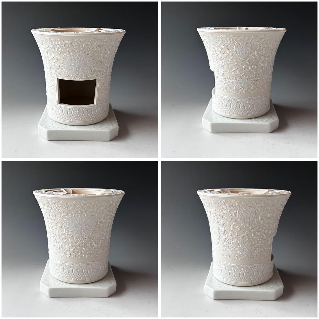 煎茶道具　白磁　唐華文　涼炉　台付　平安　春峰　共箱　煎茶　茶道具　京焼　陶芸