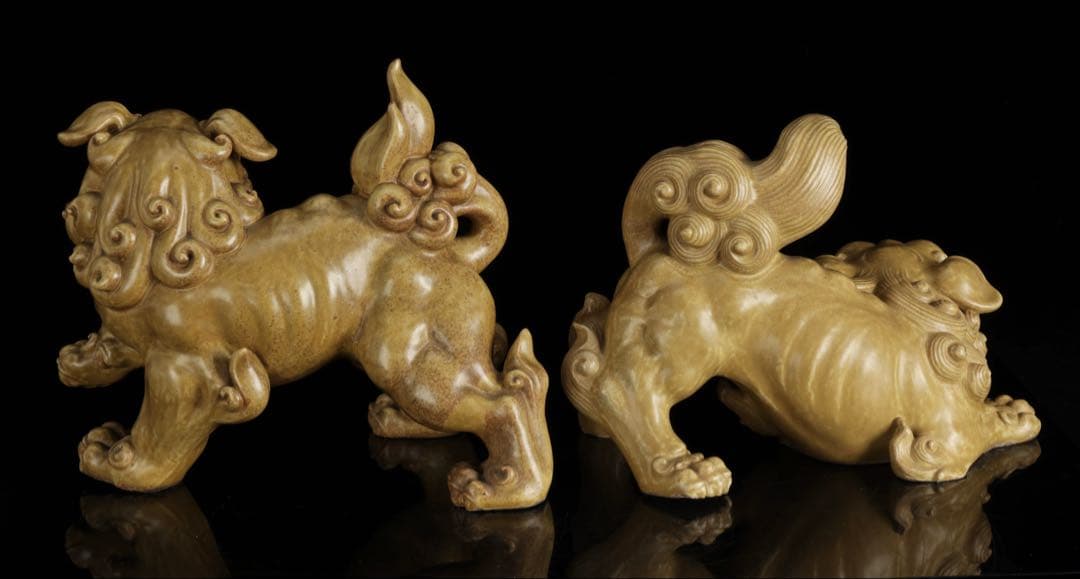 で*い様 九谷焼 玉獅子 双獅子置物 一対 共箱付 24cm 唐獅子 狛犬 古美