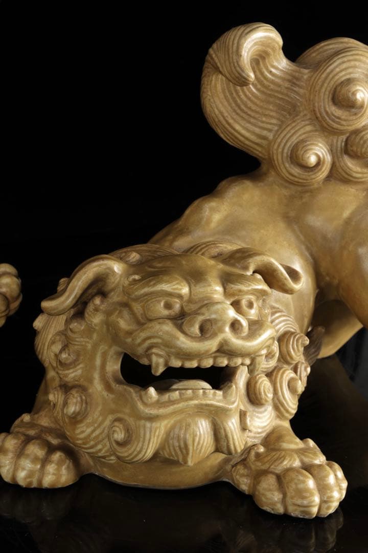 で*い様 九谷焼 玉獅子 双獅子置物 一対 共箱付 24cm 唐獅子 狛犬 古美