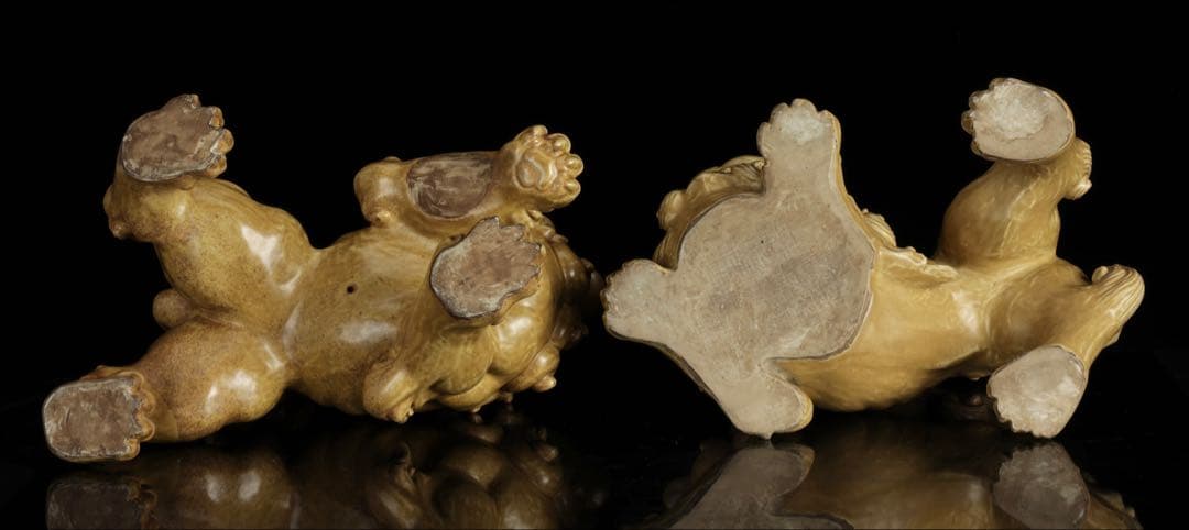 で*い様 九谷焼 玉獅子 双獅子置物 一対 共箱付 24cm 唐獅子 狛犬 古美