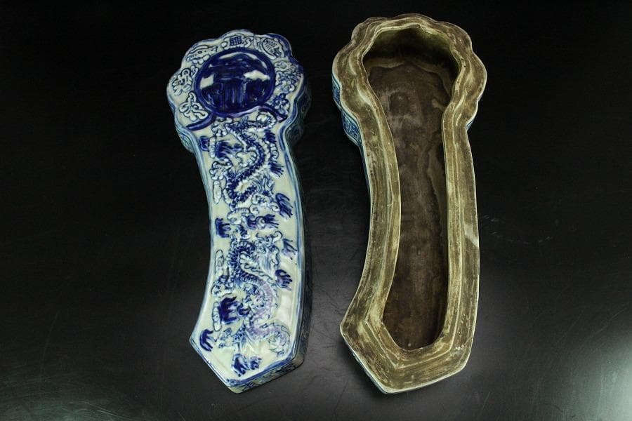 中国美術 青花 寿字 龍紋 如意形 蓋物 29cmx12cm(K-LC207)