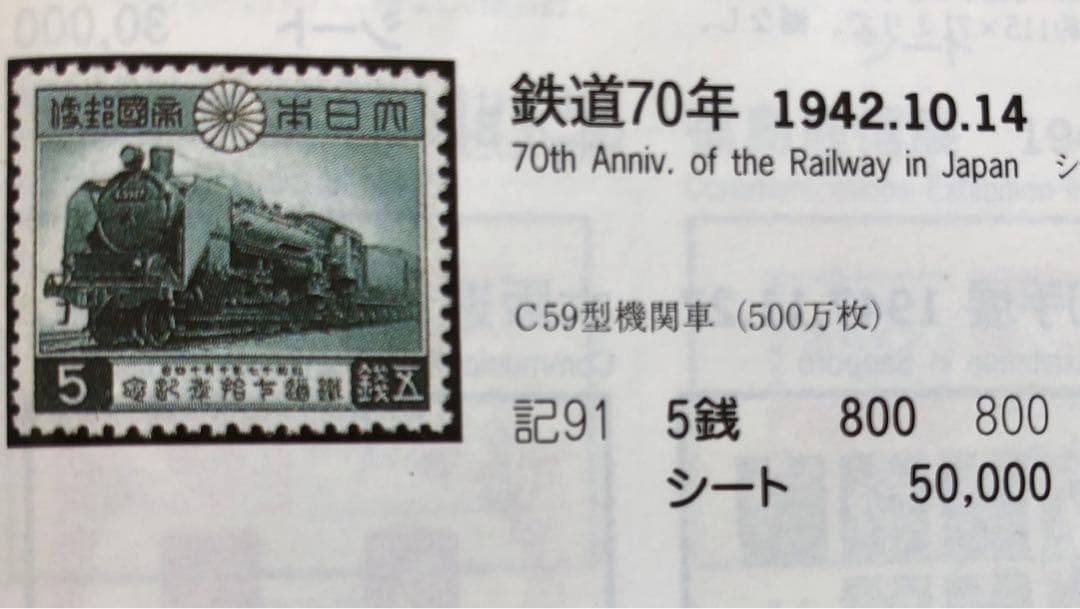 カタログ価50,000円！昭和17年鉄道70年記念切手50枚シート C59機関車