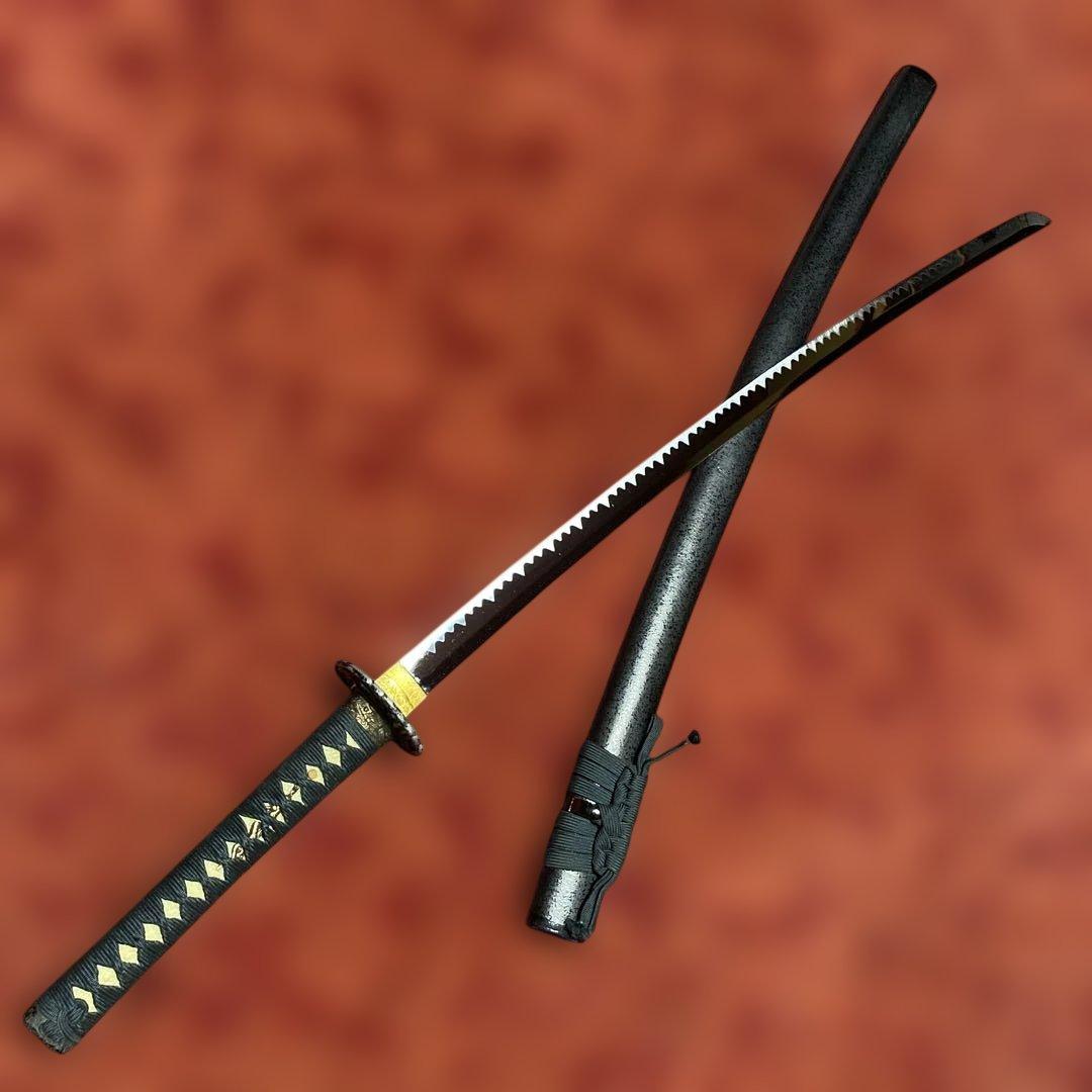 上質模造大刀 濃緑柄 鶴羽透し丸鍔 黒梨地鞘