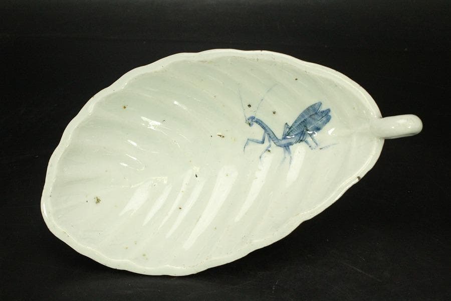 青花 葉形 三足 筆洗 匙付(A887)