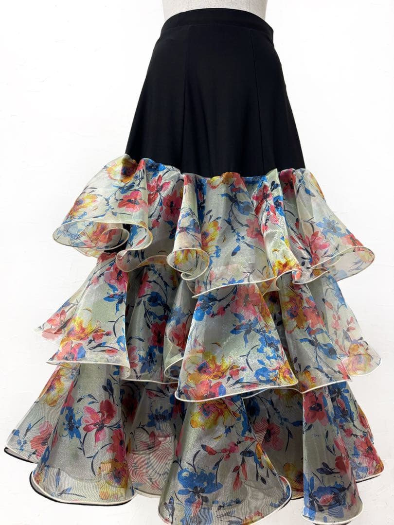 【新品】ピンク花柄プリントオーガンジーフリルスカート社交ダンスツーピースb857