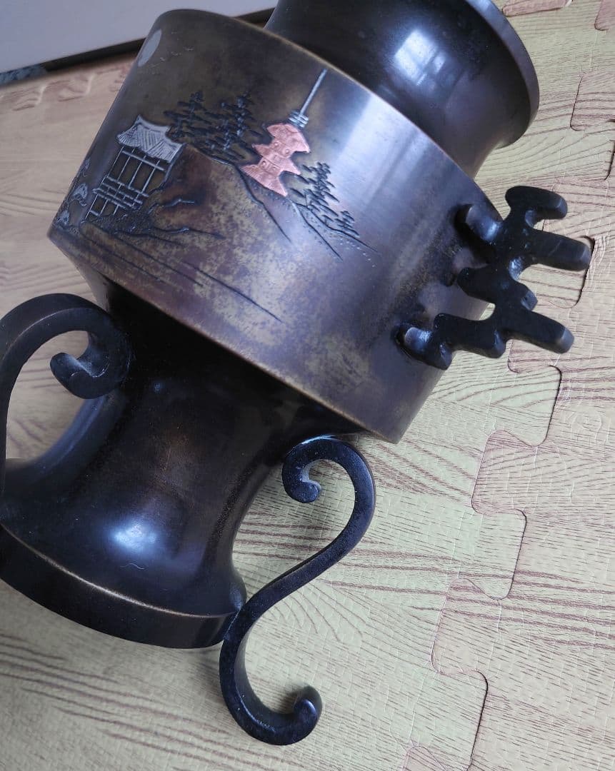 金属工芸　銅器　銀象嵌　薄端　華道