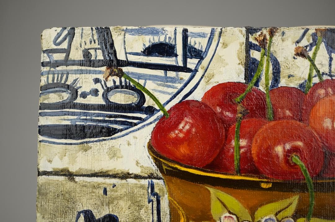 玉之内満雄　1994年作　「デルフトタイルの前のさくらんぼ」　油絵　真作保証