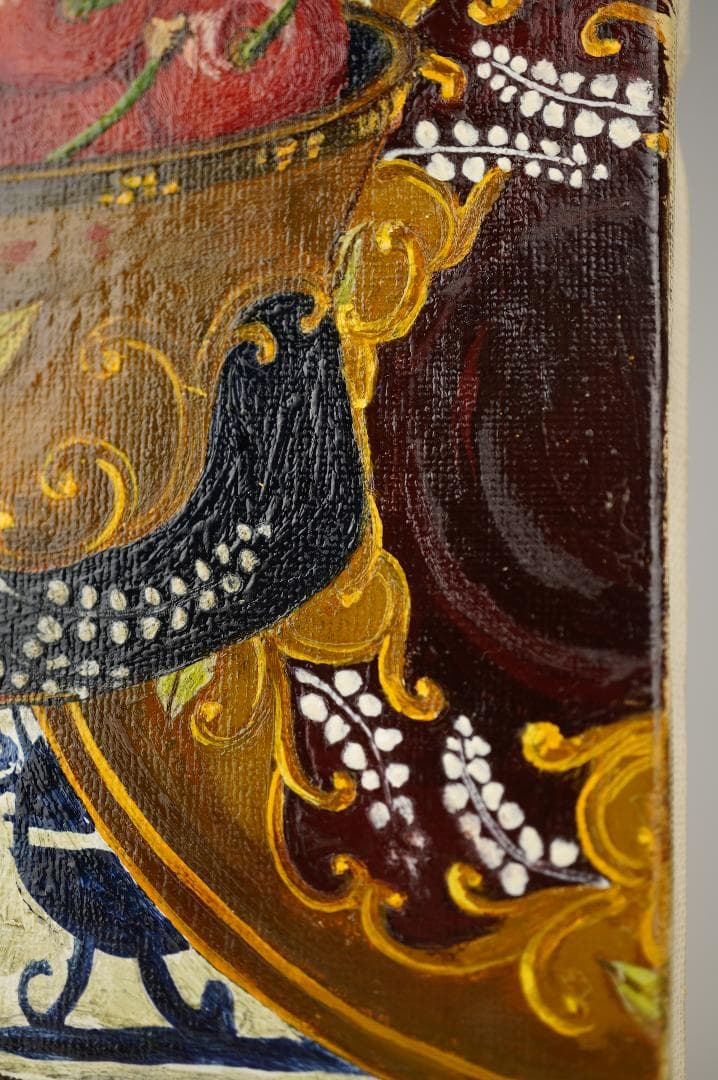 玉之内満雄　1994年作　「デルフトタイルの前のさくらんぼ」　油絵　真作保証