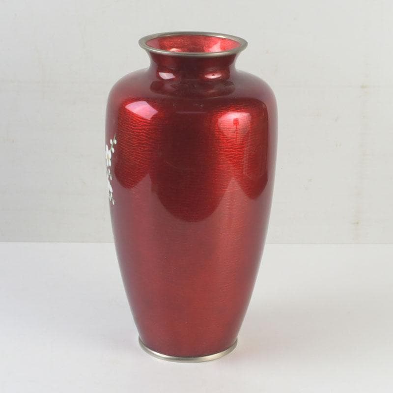 七宝焼　赤透釉　四君子文　花瓶　V　9699A