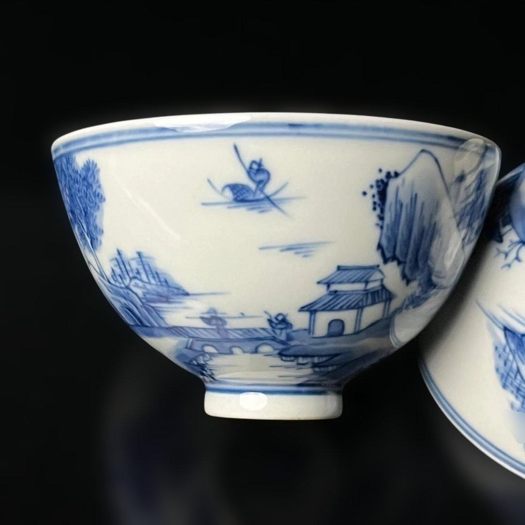 唐物 青花楼閣山水人物紋碗 一対 大清乾隆年製 款 煎茶碗 美術古玩 SH28