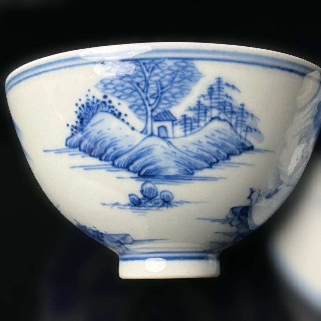 唐物 青花楼閣山水人物紋碗 一対 大清乾隆年製 款 煎茶碗 美術古玩 SH28