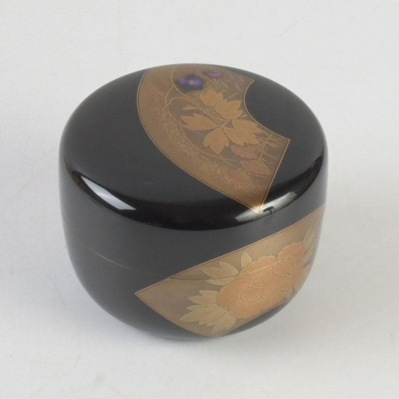 茶道具　高崎秋峰作　螺鈿装飾　扇面蒔絵　内銀溜　平棗　共布共箱　V　9695