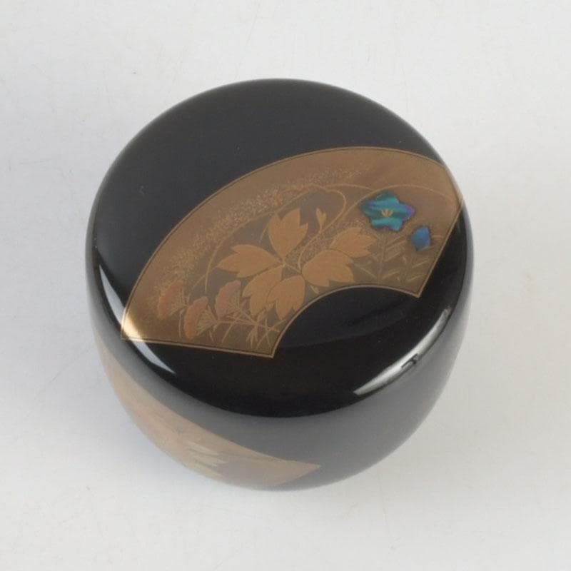 茶道具　高崎秋峰作　螺鈿装飾　扇面蒔絵　内銀溜　平棗　共布共箱　V　9695