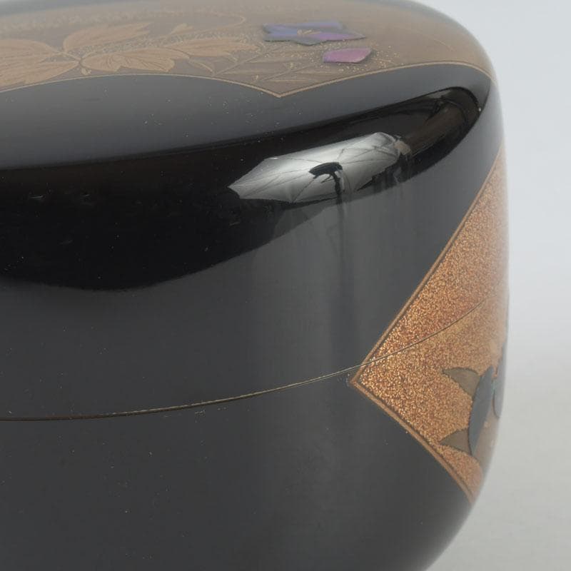 茶道具　高崎秋峰作　螺鈿装飾　扇面蒔絵　内銀溜　平棗　共布共箱　V　9695