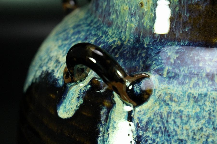 茶道具 飾壷 窯変釉 四耳壷 春峰 在銘 共箱 紐 網 揃(K-YC388)