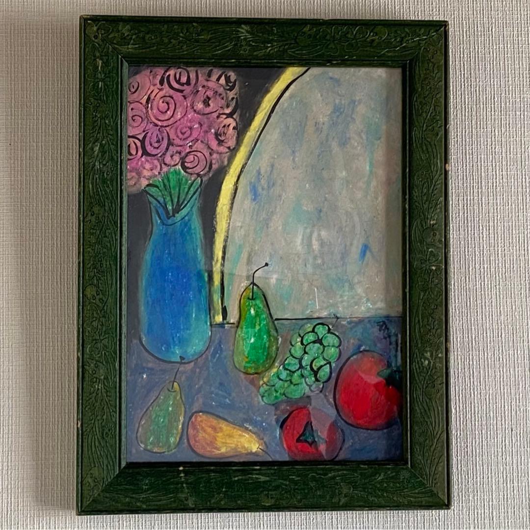 絵画 。原画☆【テーブルの上の花瓶の中のきれいな花、いろいろな色の果物】