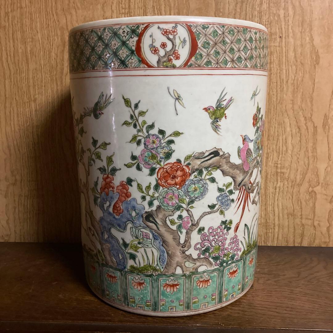 中国　色絵　粉彩　筒瓶　花鳥図　大明嘉靖年製