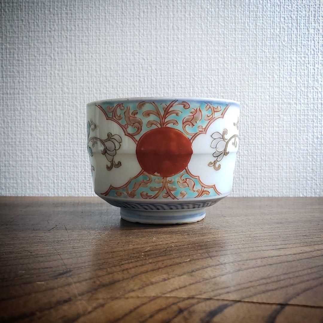 蕎麦猪口　向付　5客　古伊万里　変わり形　赤玉　花束　唐草　色絵付　金彩　ニュウ