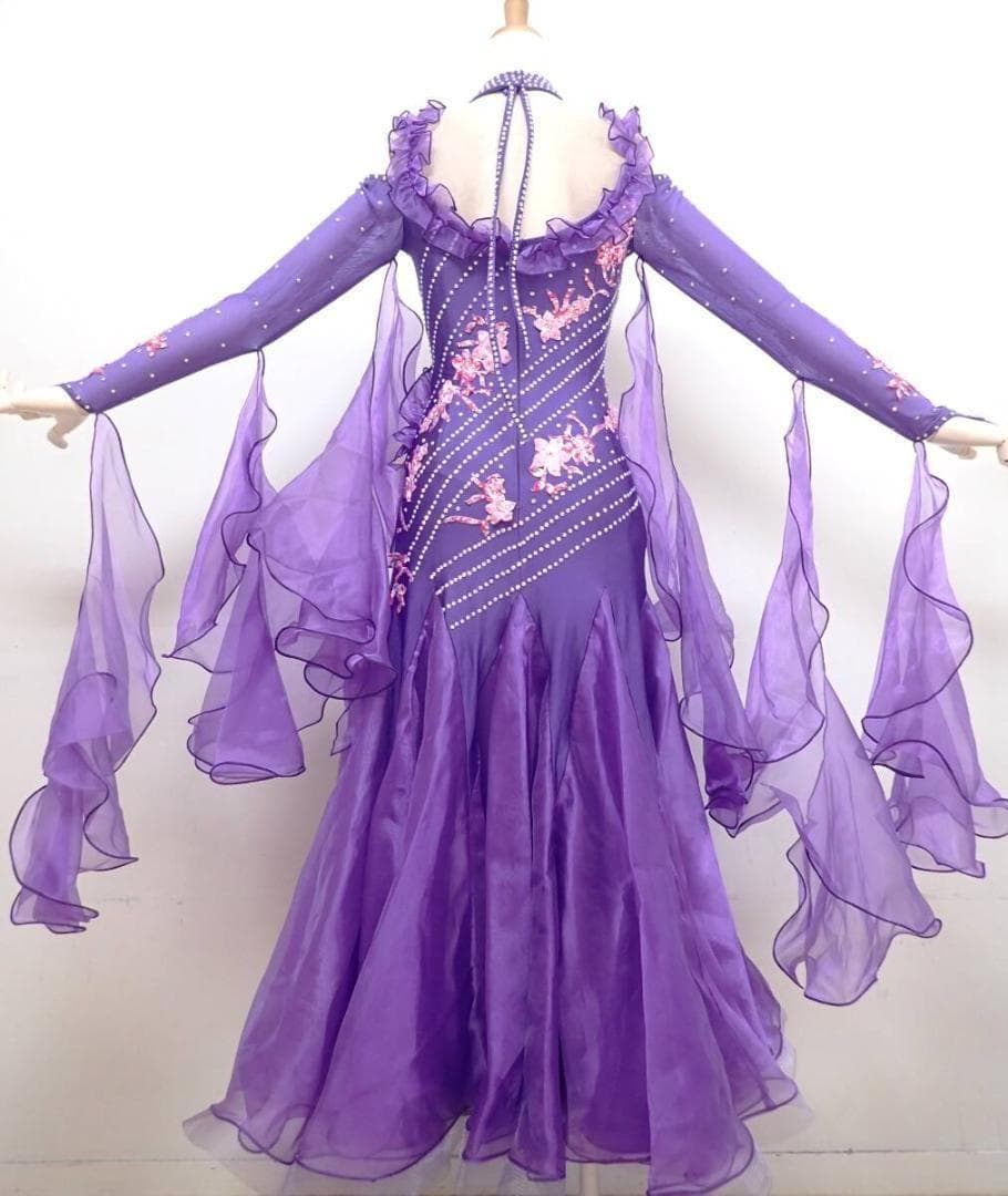 6359★美品★紫/ピンク花/刺繍/ワンピース/スタンダードドレス☆社交ダンス