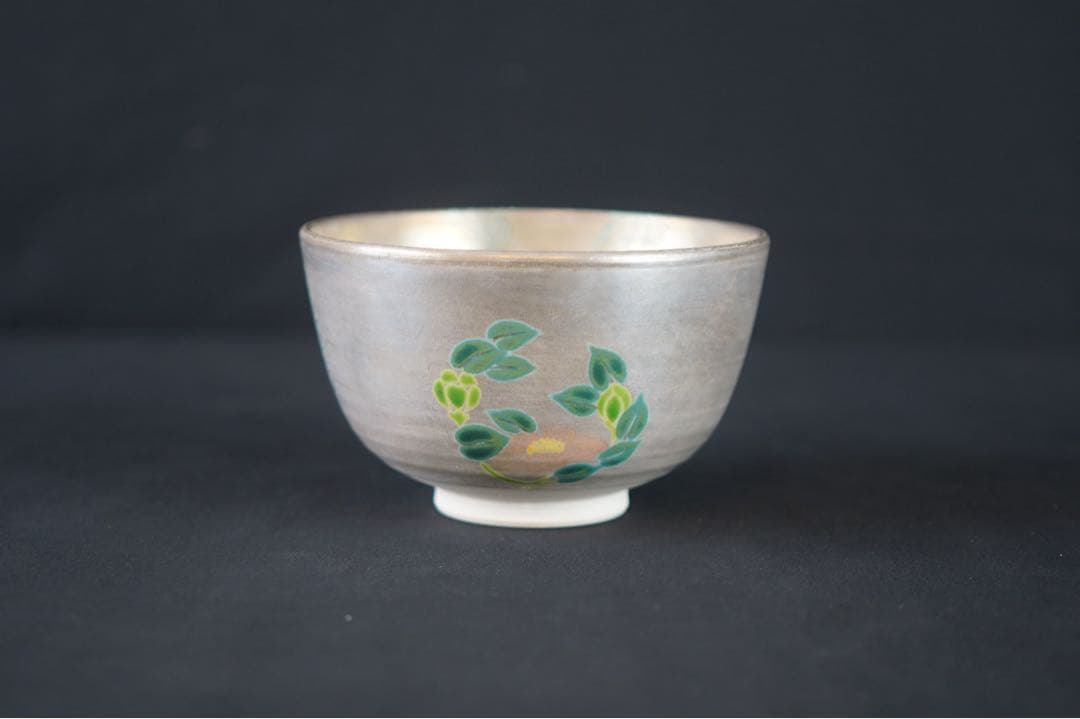 方舟 作 銀地 色絵 茶碗 共箱 共布 茶道具