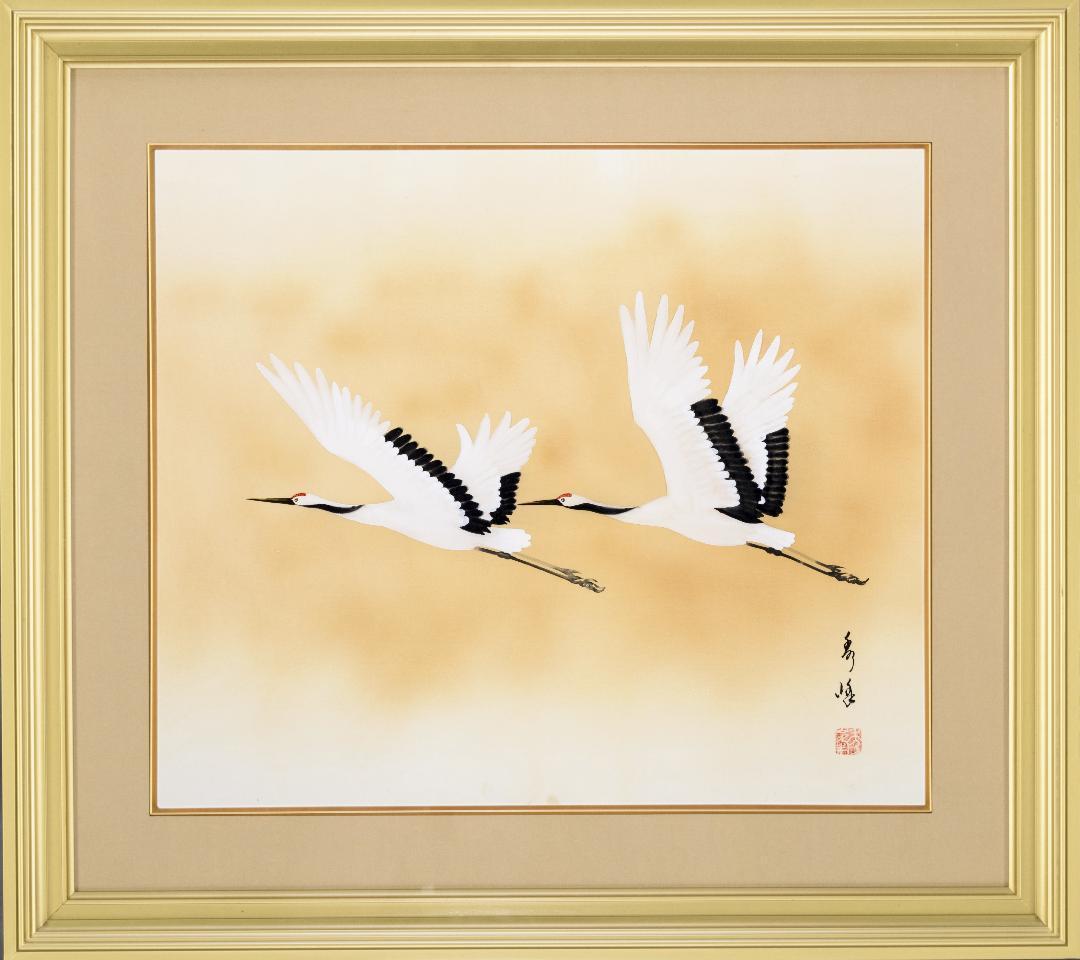 F10　肉筆水彩　日本画　『鶴』　高級木製額縁付属　外寸約713×638mm