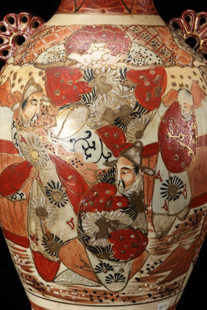 九谷焼 古九谷 赤絵金彩人物図双耳花瓶 飾壺 29㎝ 共箱 時代 古美術 骨董品