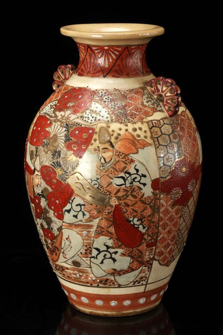 九谷焼 古九谷 赤絵金彩人物図双耳花瓶 飾壺 29㎝ 共箱 時代 古美術 骨董品