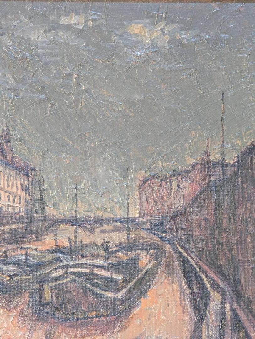 【真作】絵画　鶴山好一　油彩3号　静寂の運河街　都市風景　新制作協会作家　X10