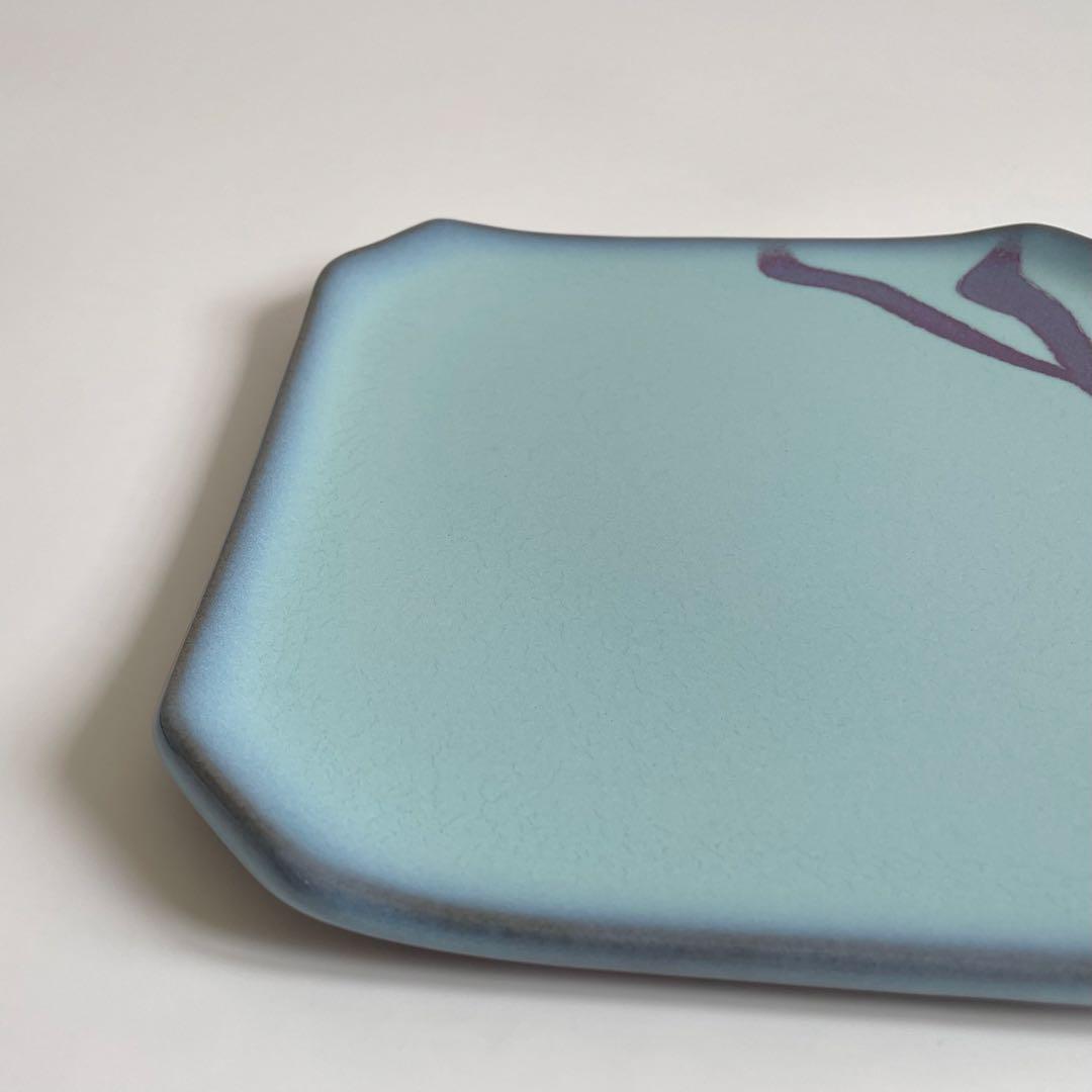 福島善三 鈞窯 角皿 22cm 人間国宝 本人銘 小石原焼 ちがいわ窯 青磁