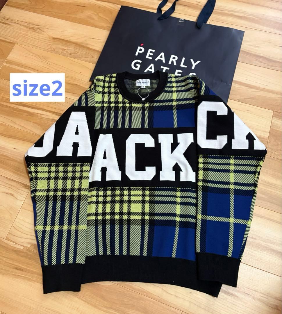 新品 ジャックバニー チェック切替3色WジャガードクルーネックニットLライム