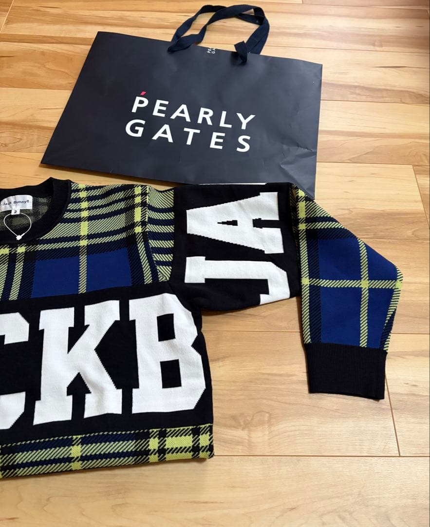 新品 ジャックバニー チェック切替3色WジャガードクルーネックニットLライム