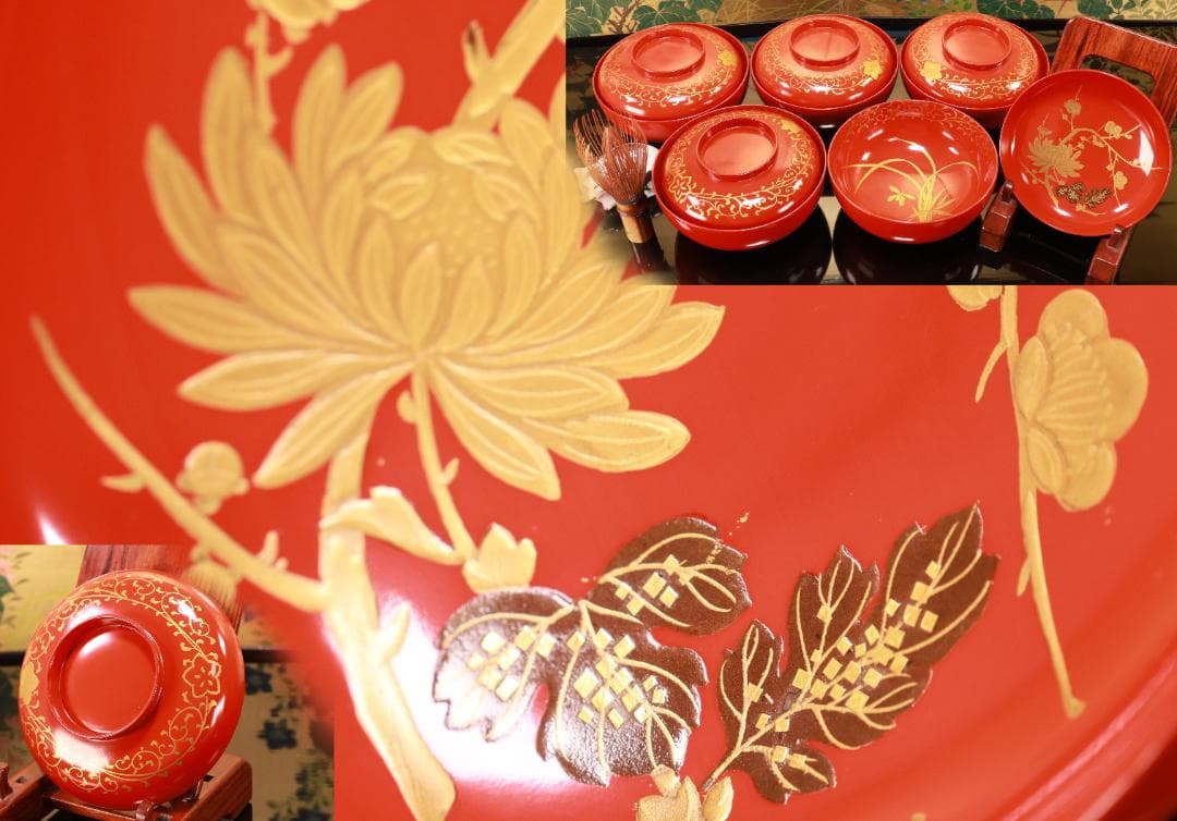 BJ120　時代輪島塗　四君子図蒔絵　吸物椀　五客　木製　茶道具 懐石 会席