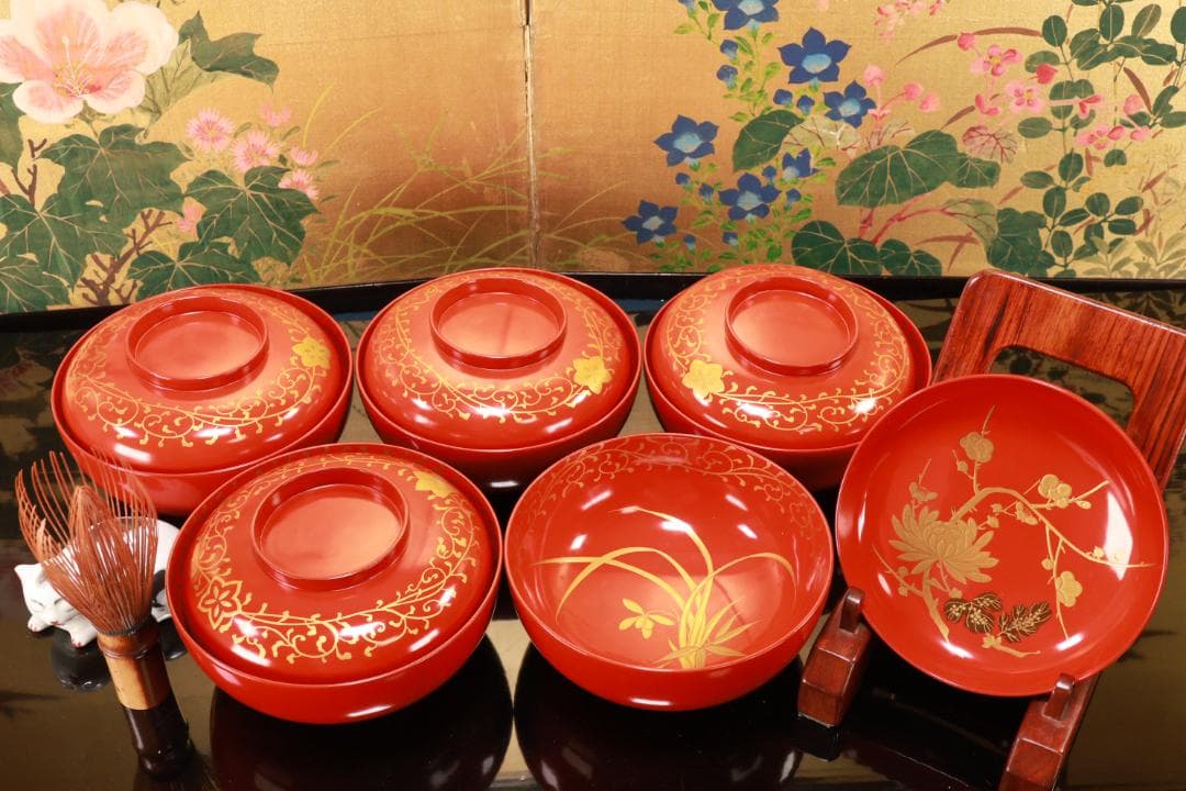 BJ120　時代輪島塗　四君子図蒔絵　吸物椀　五客　木製　茶道具 懐石 会席