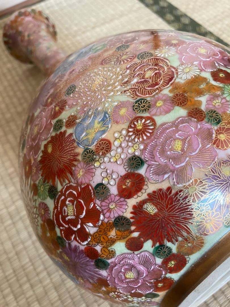 薩摩焼　飾り壺　花瓶　島津家紋入 丸十字　色絵　金彩　高さ46.5㎝ 大型　大壺