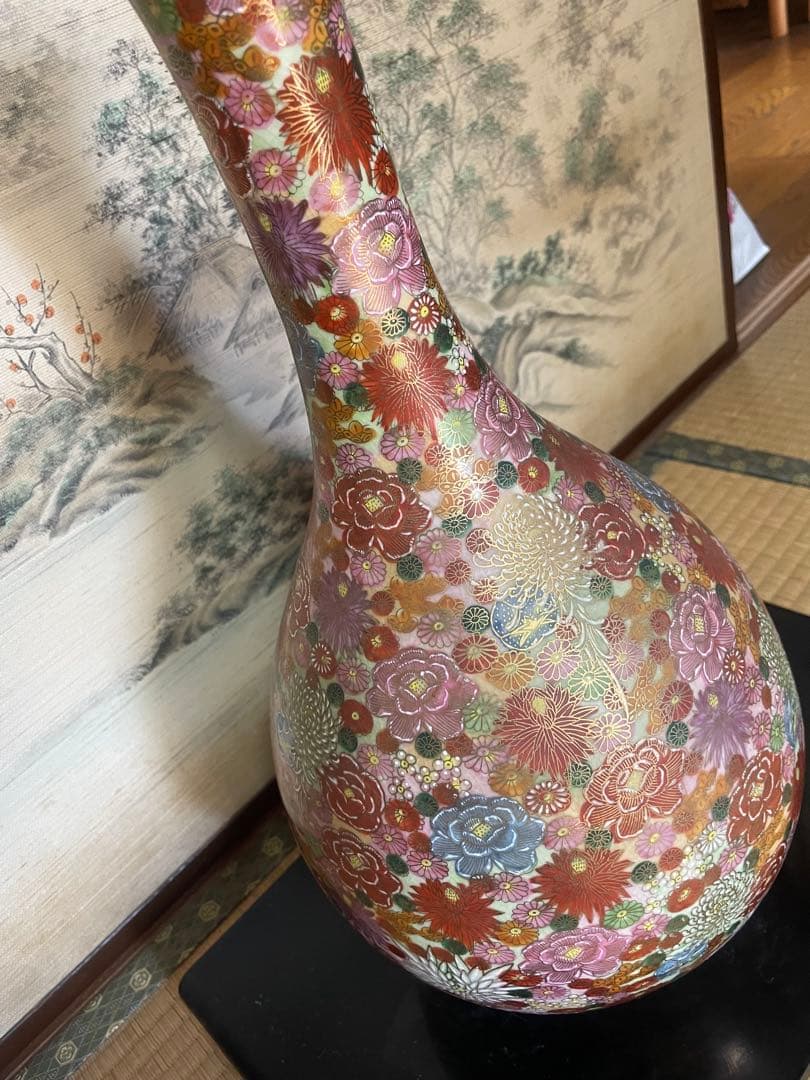 薩摩焼　飾り壺　花瓶　島津家紋入 丸十字　色絵　金彩　高さ46.5㎝ 大型　大壺